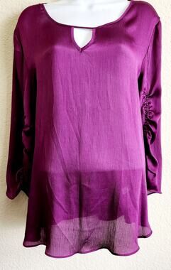 Cato Purple 3/4 Ruched Sleeves Keyhole Neck Top Large Lightweight Flowy Soft